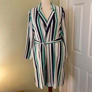 Halogen NWOT White blue/green stripe crepe polyester coat w. belt sz petite XL